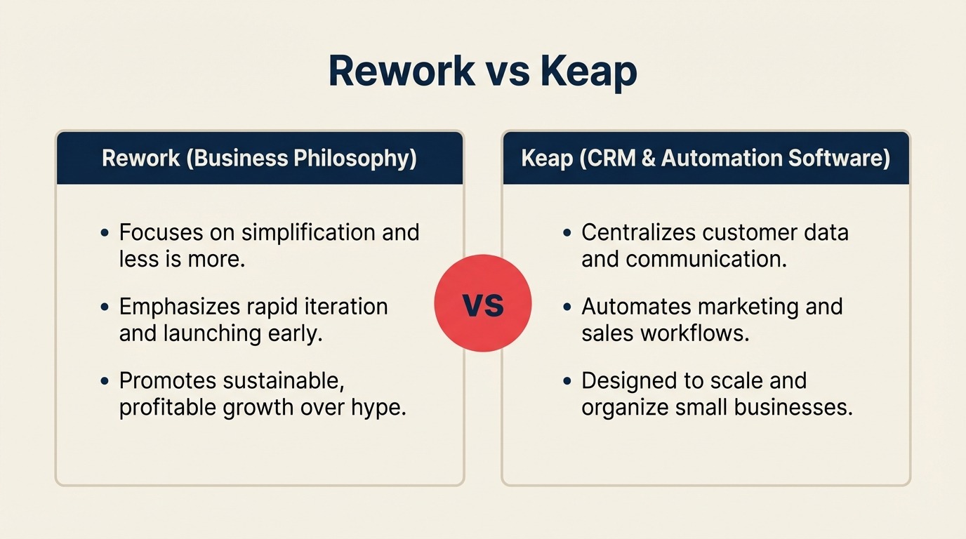 Rework vs Keap CRM comparison — unified CRM with lead management and chat vs small-business CRM with marketing automation and payments
