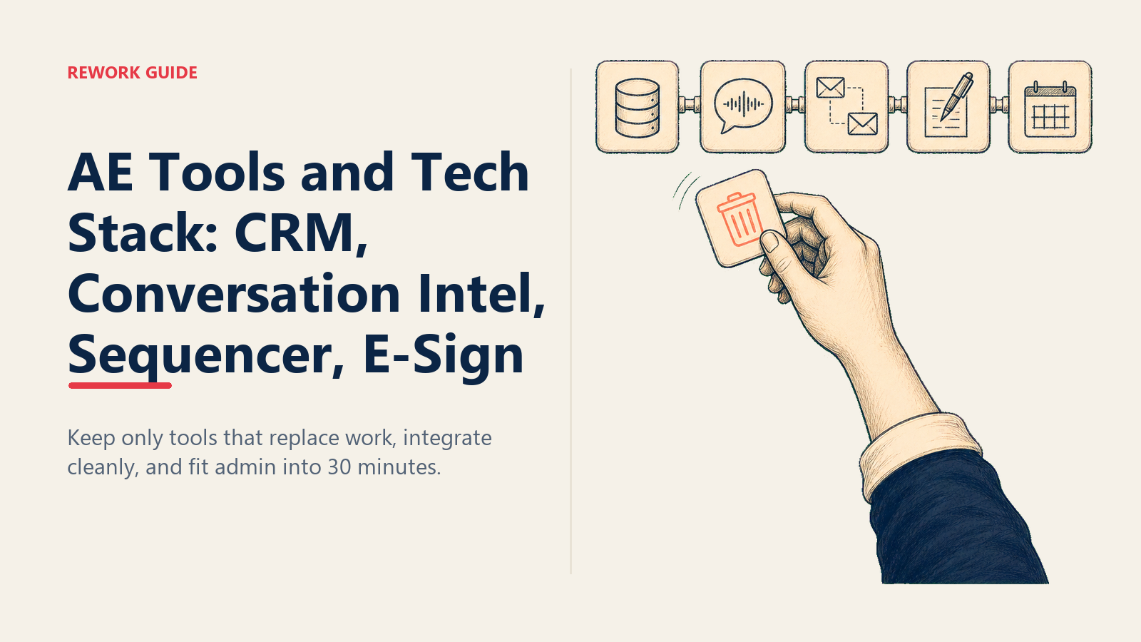AE removes a redundant sales tool while compressing the essential stack into a 30-minute admin workflow