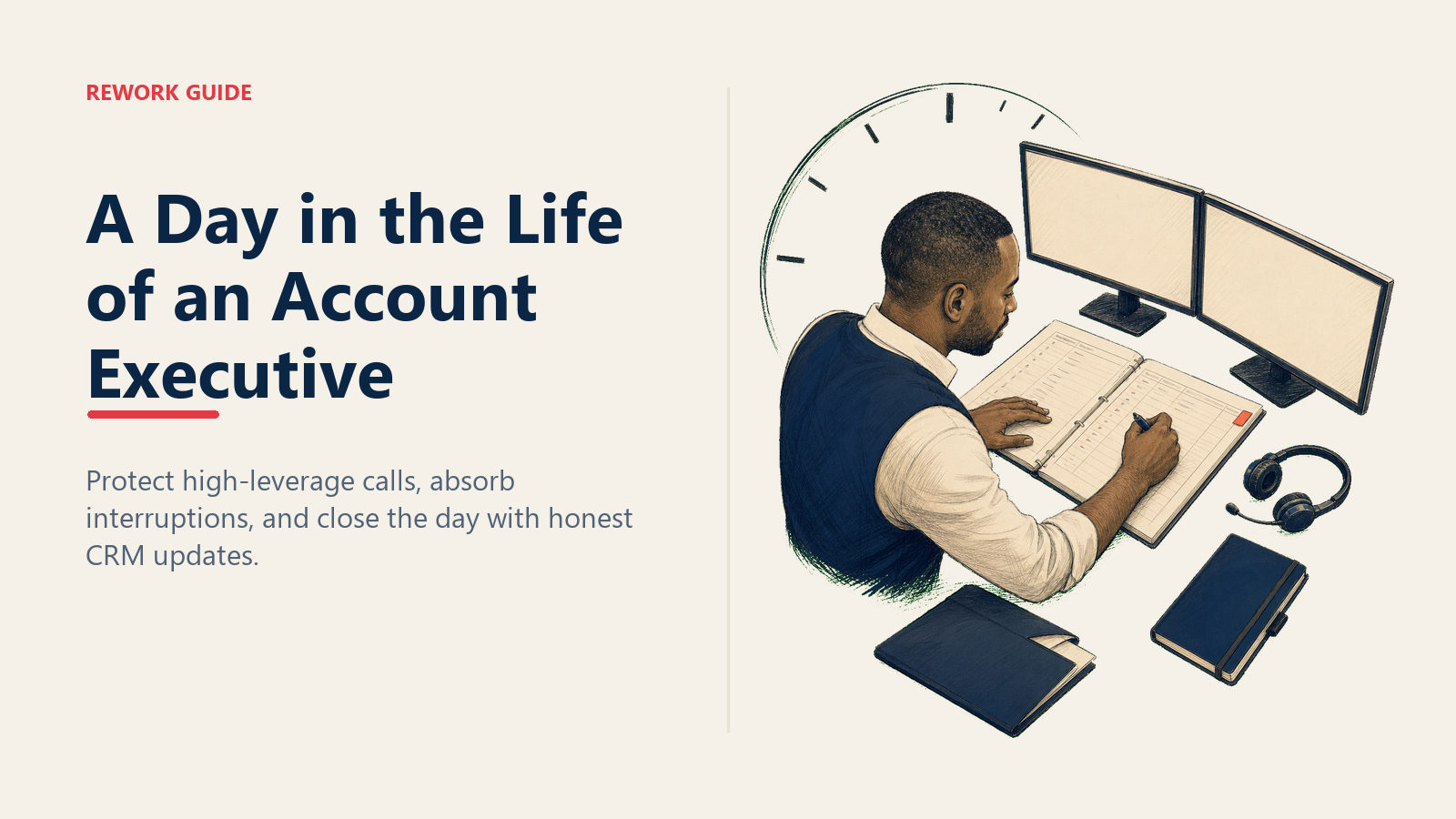 Account executive ends a busy workday by recording dated next steps in a clean pipeline ledger