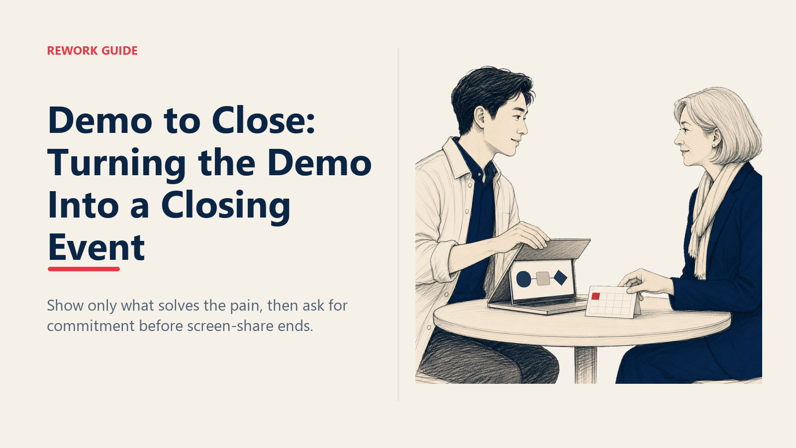 Account executive pauses a focused sales demo as the buyer accepts a scheduled next-step card