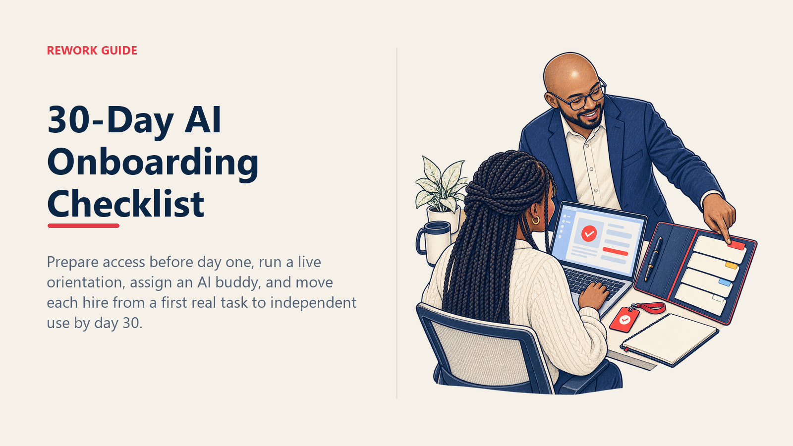 Manager guiding a new hire through the first real AI task at a prepared day-one onboarding workstation