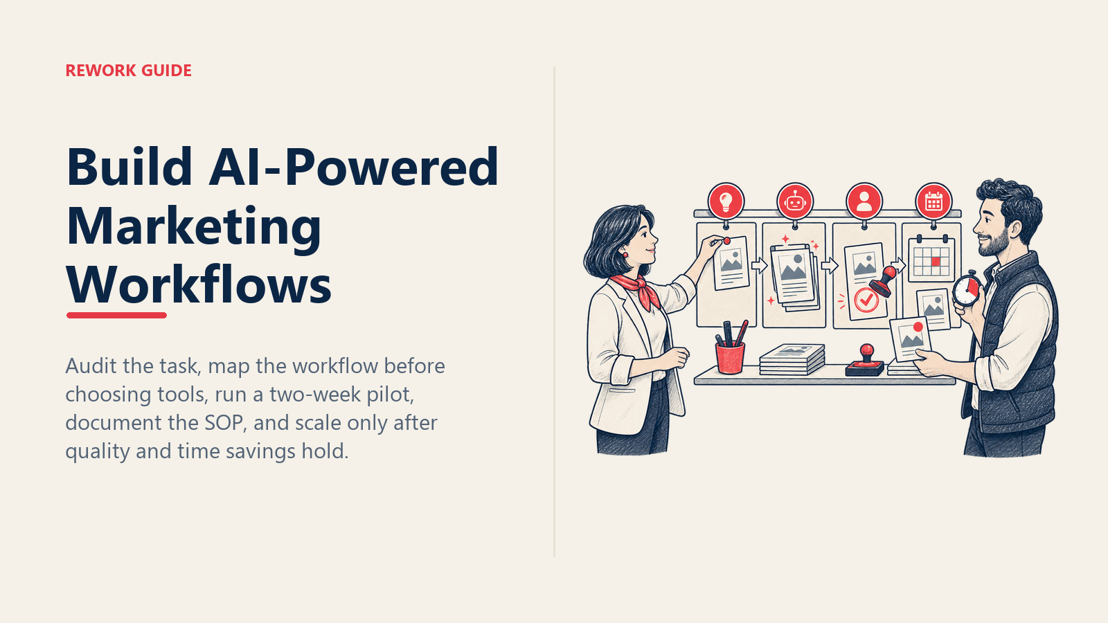 Marketing director mapping an AI-assisted campaign workflow with a measured pilot and human review checkpoint