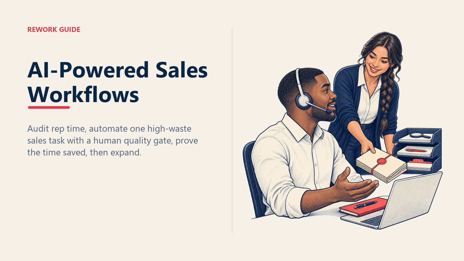 Sales rep starting a customer call as a Sales Ops lead supplies a human-reviewed AI research brief