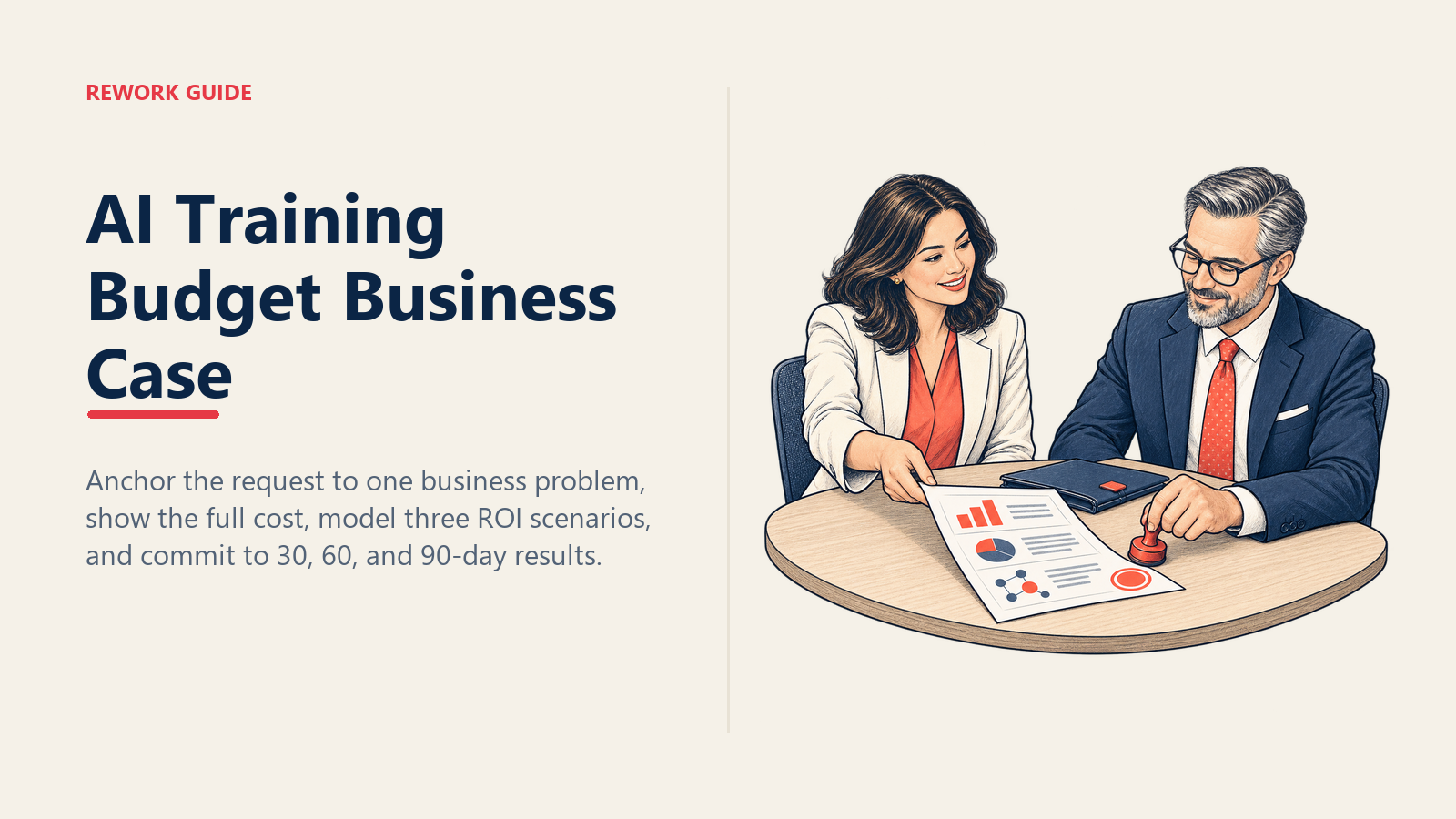 Department director presents a one-page AI training budget business case while a CFO approves it with a coral stamp