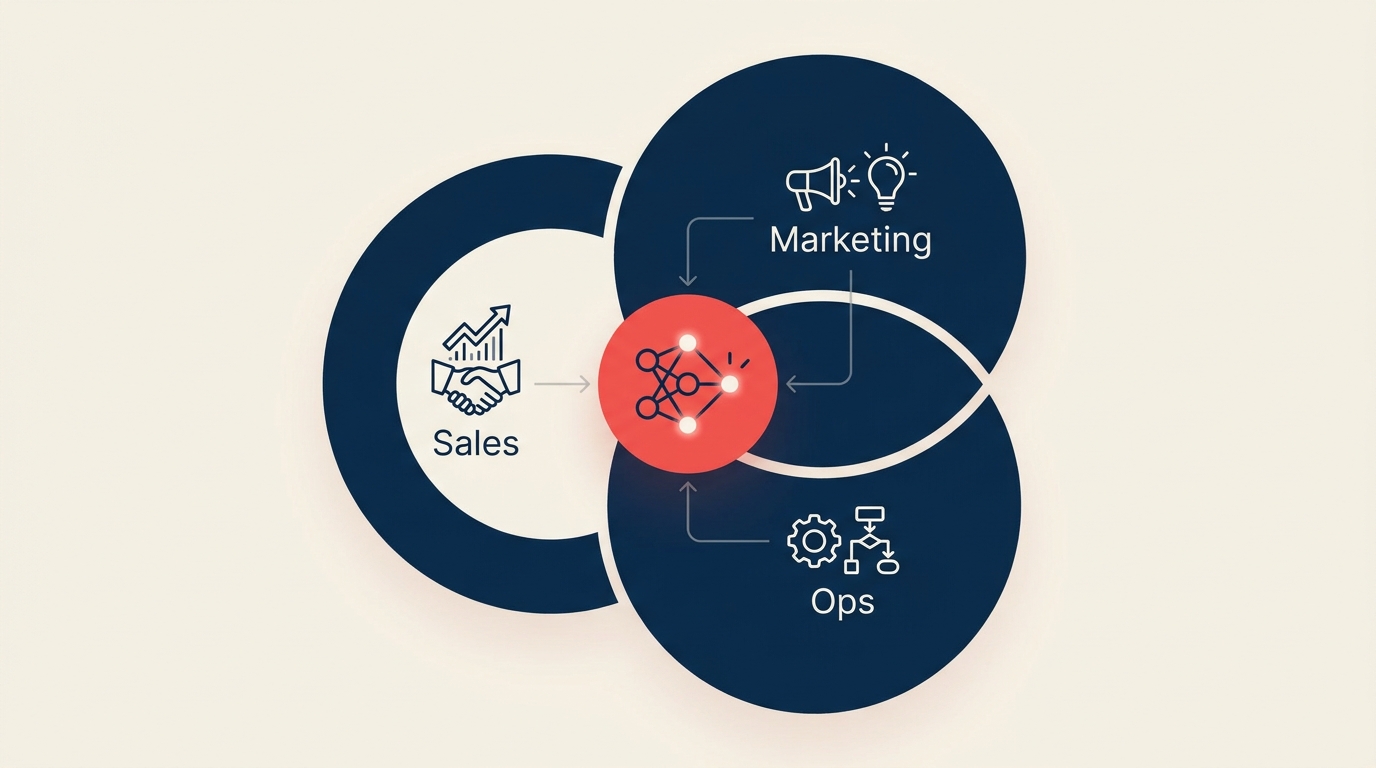 Cross-functional AI collaboration diagram showing Sales, Marketing, and Ops circles with shared AI node