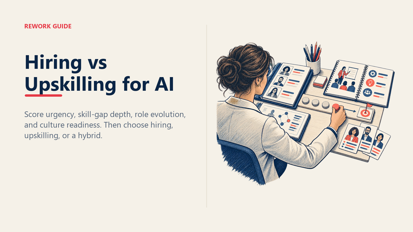 Director scoring four variables to choose between hiring AI talent, upskilling the team, or a hybrid path