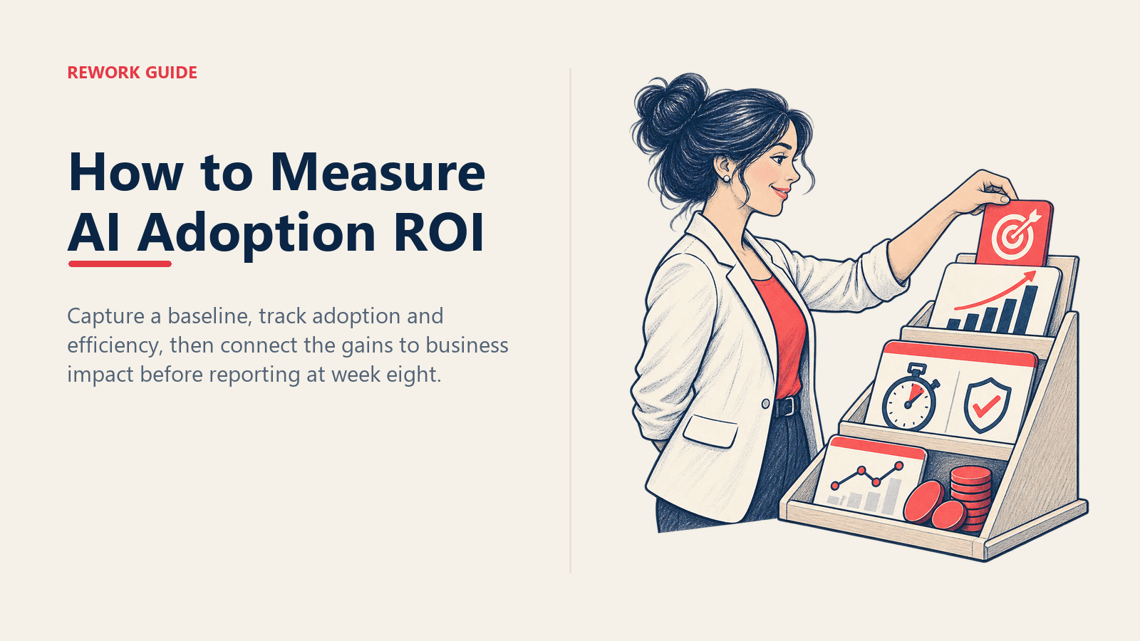 Analyst building a three-layer AI adoption ROI measurement stack from baseline through business impact