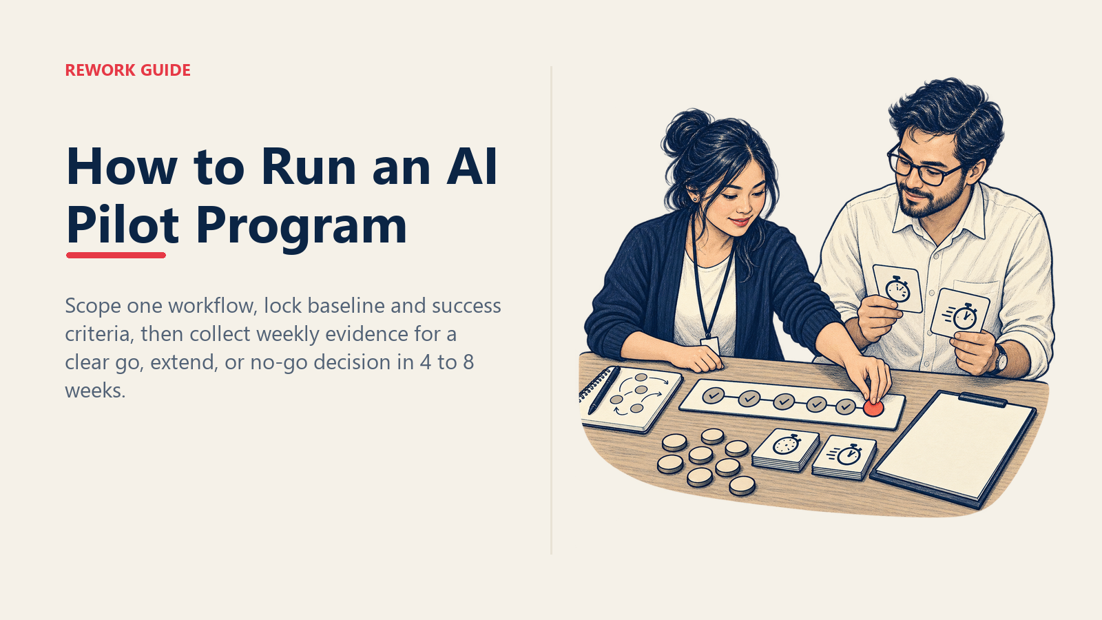 Department leader and finance sponsor using a six-checkpoint evidence track to make an AI pilot go or no-go decision