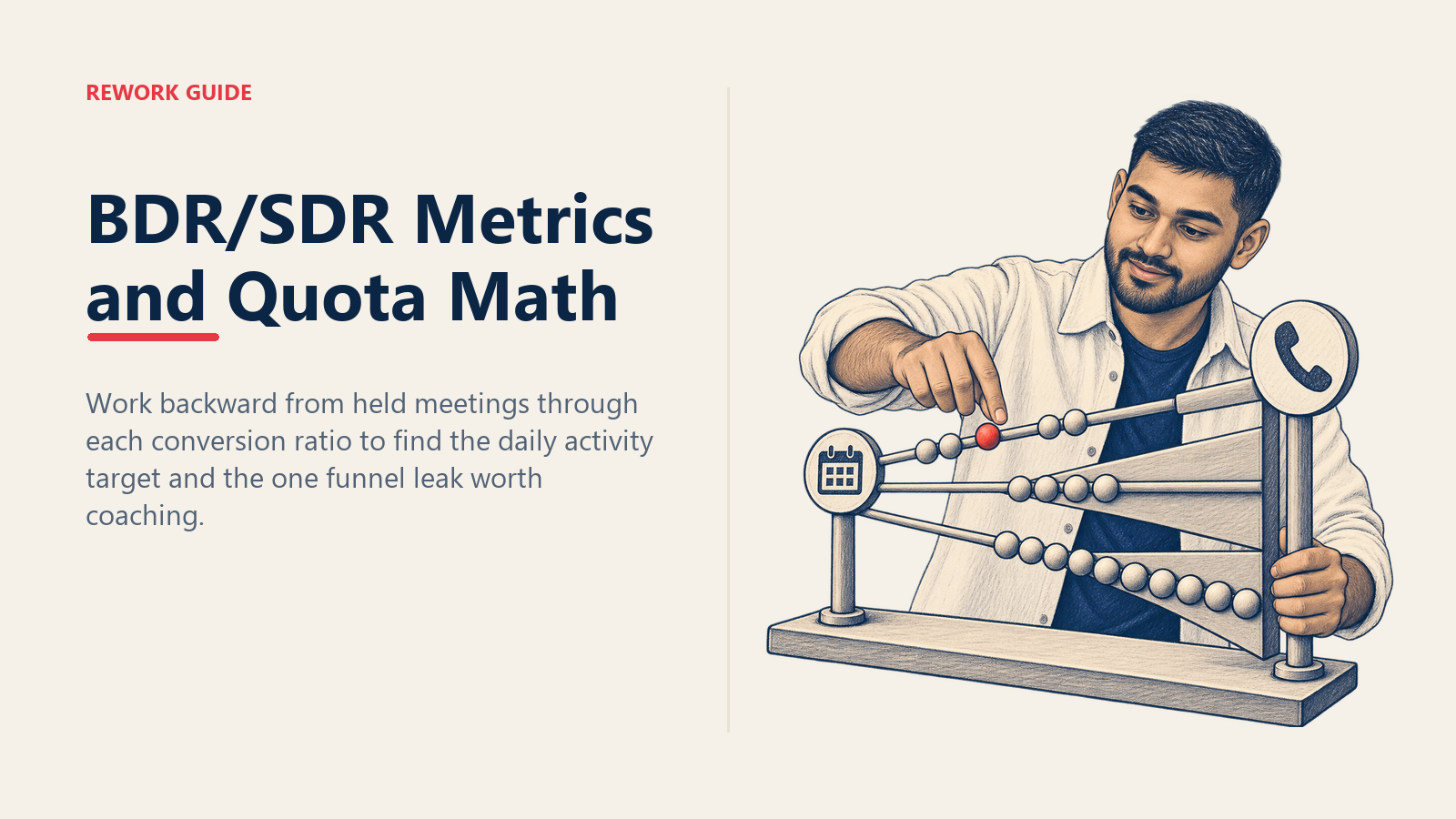 BDR working backward through a quota funnel from held meetings to the daily dial target