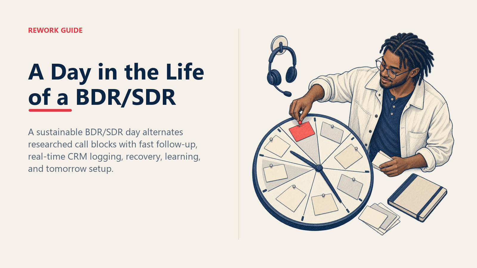 BDR pinning a researched call list onto a time-blocked daily planner beside a headset and CRM notes