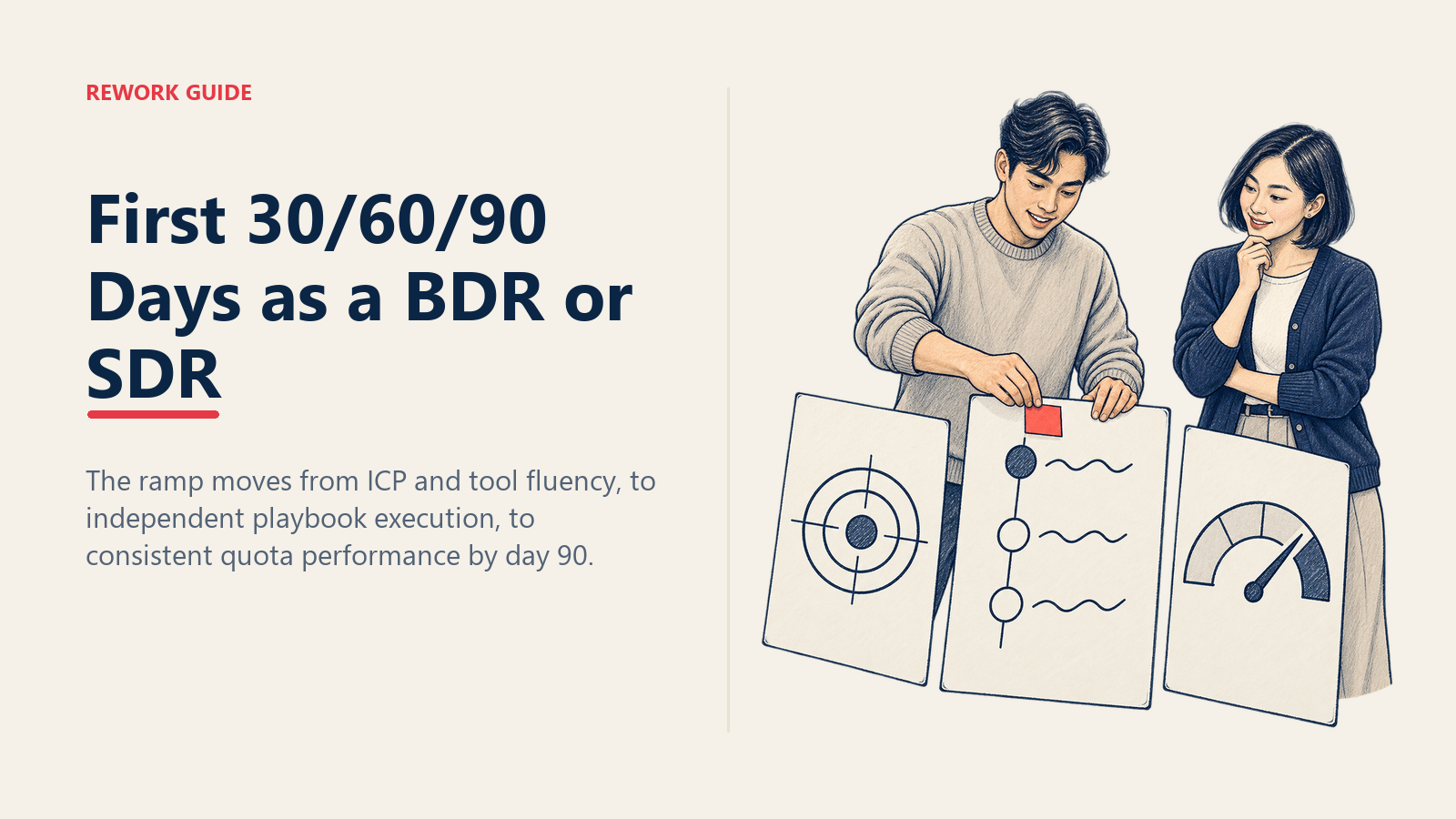 New SDR and manager building a three-stage 30/60/90 ramp board for fluency, independent work, and quota
