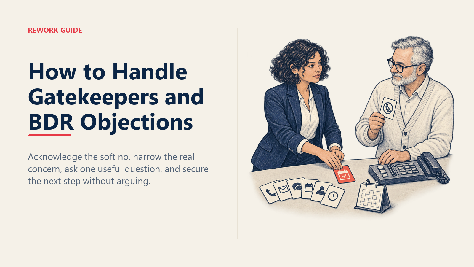 BDR rehearsing a gatekeeper objection pivot with a coach, phone console, and six-card response cheat sheet