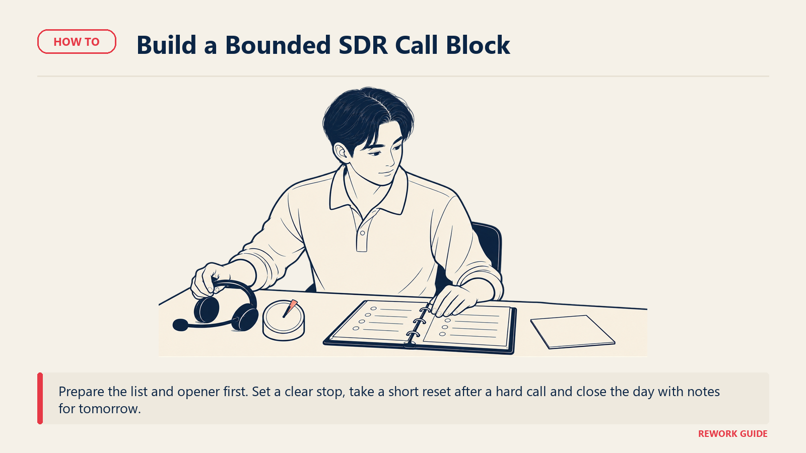 Jae sets the headset down at a planned call-block boundary with the prepared list and tomorrow's note nearby.
