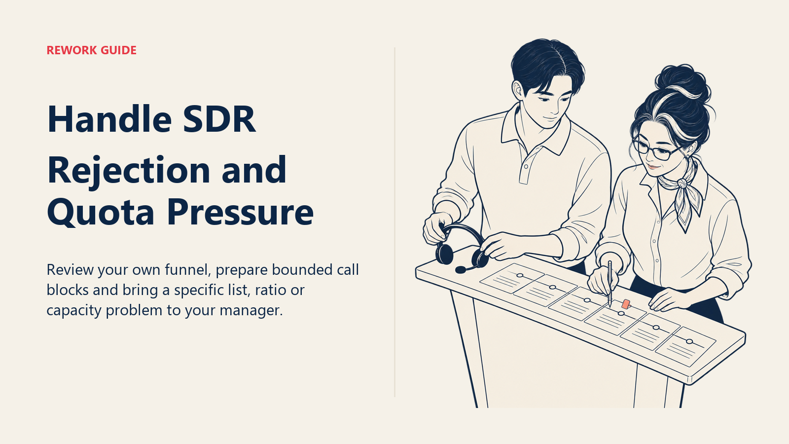 SDR Jae and manager Ruth review a call-funnel strip with the headset set aside, treating quota pressure as a specific work problem.