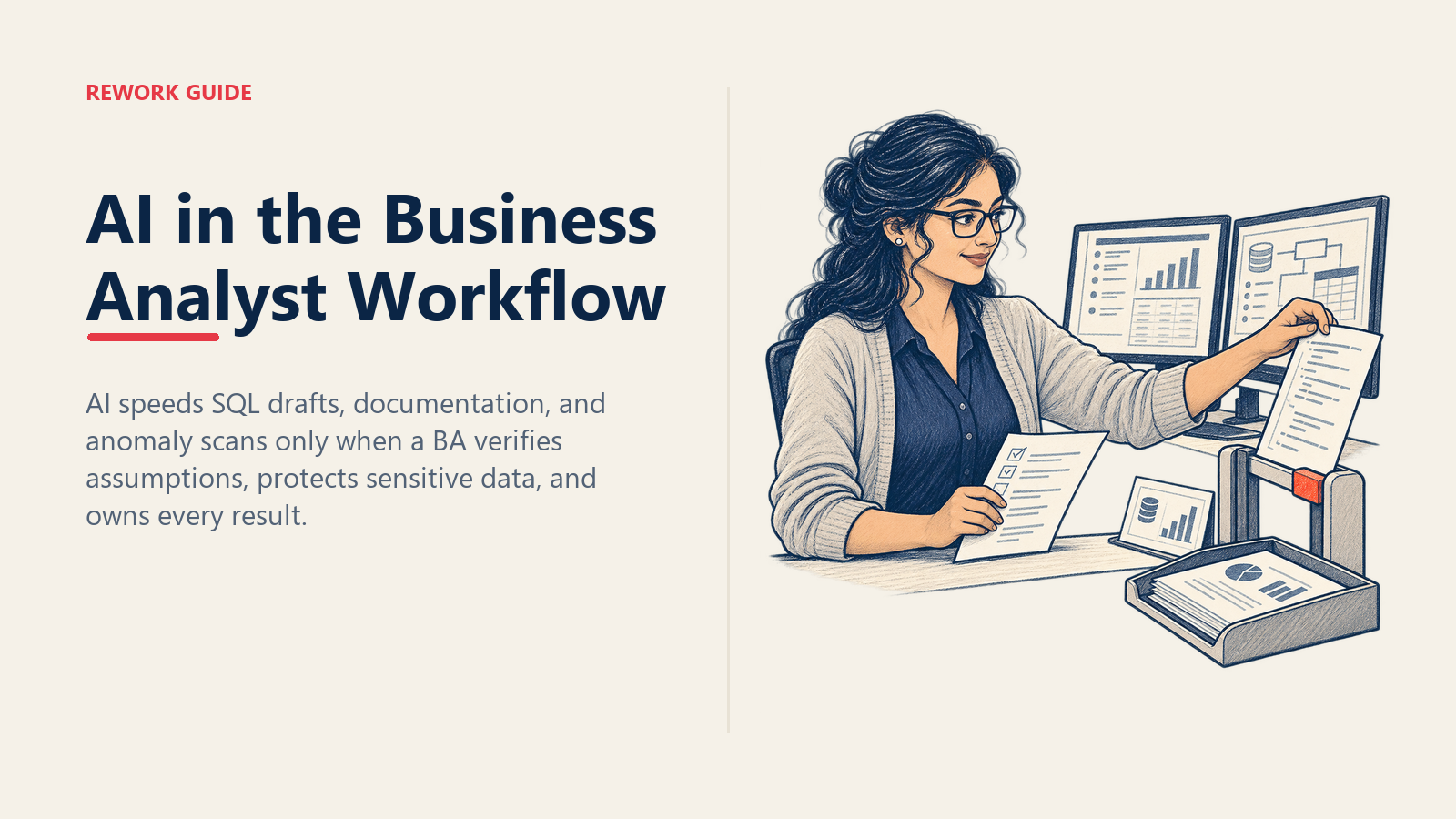Business analyst checking an AI-written SQL query against warehouse assumptions and row-count tests before approving the result