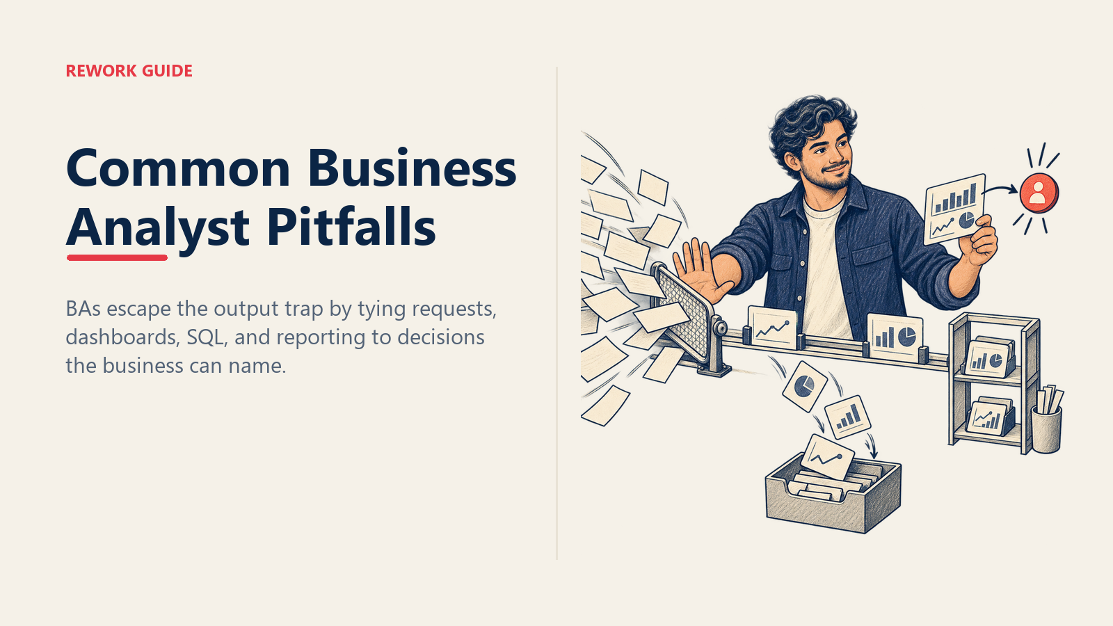 Business analyst stopping a flood of request cards and linking one useful dashboard to a concrete decision while stale outputs move to archive