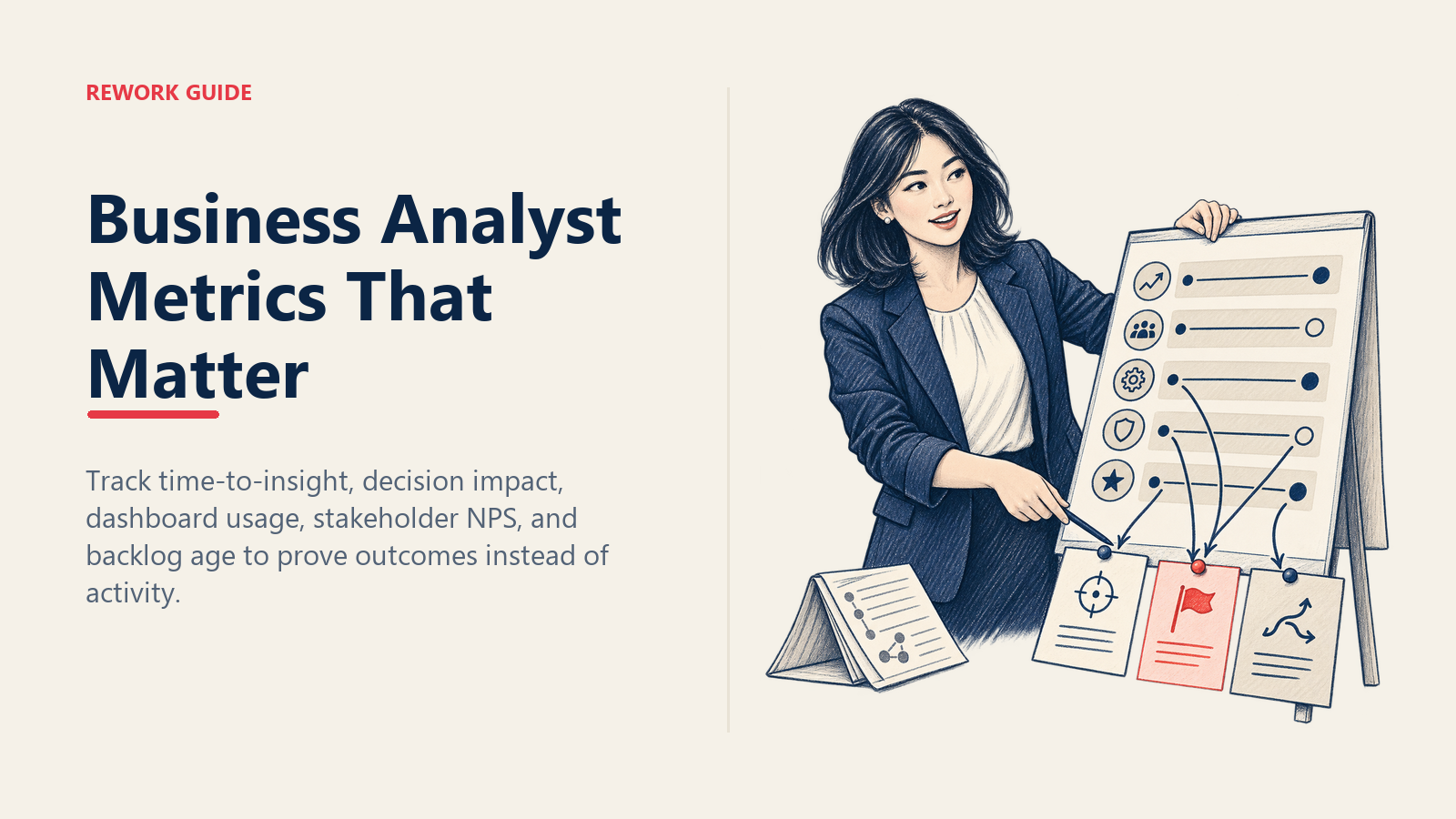 Business analyst presenting a five-row QBR scorecard tied to three named decisions instead of ticket counts