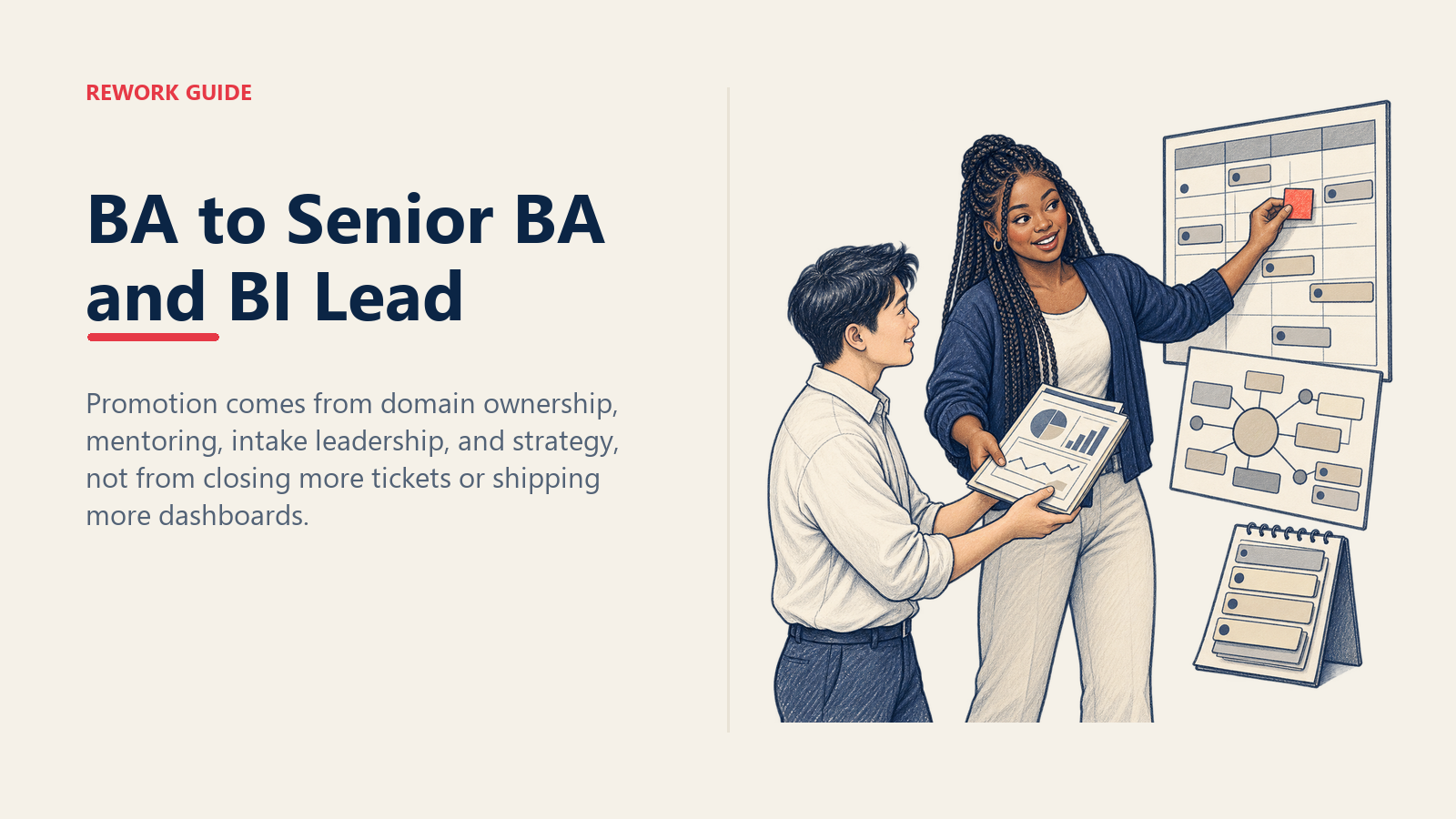 Business analyst delegating a report to a mentee while taking ownership of an analytics roadmap on the path to BI lead