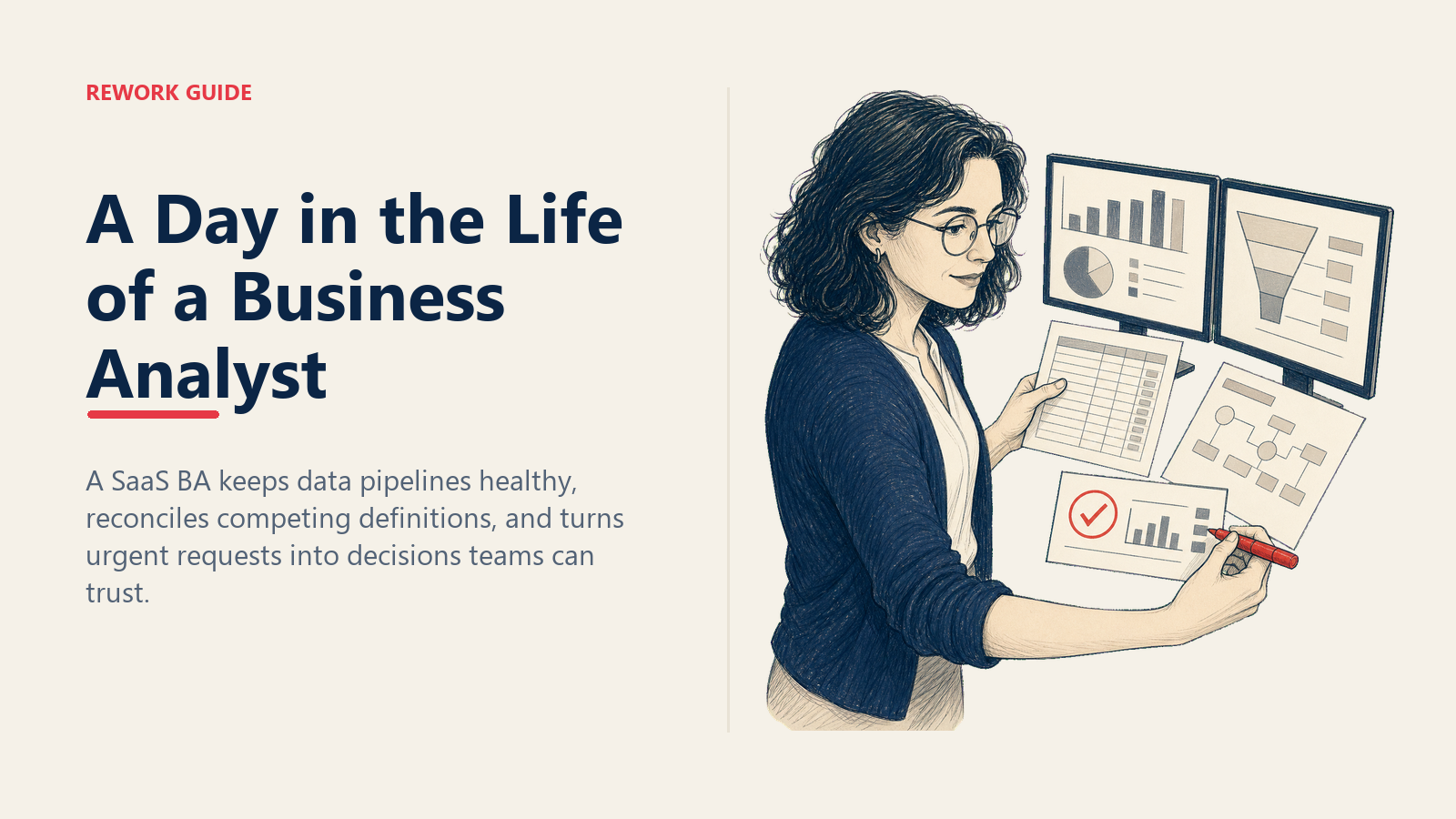 Business analyst reconciling finance, sales, and dashboard metric definitions during a typical SaaS workday