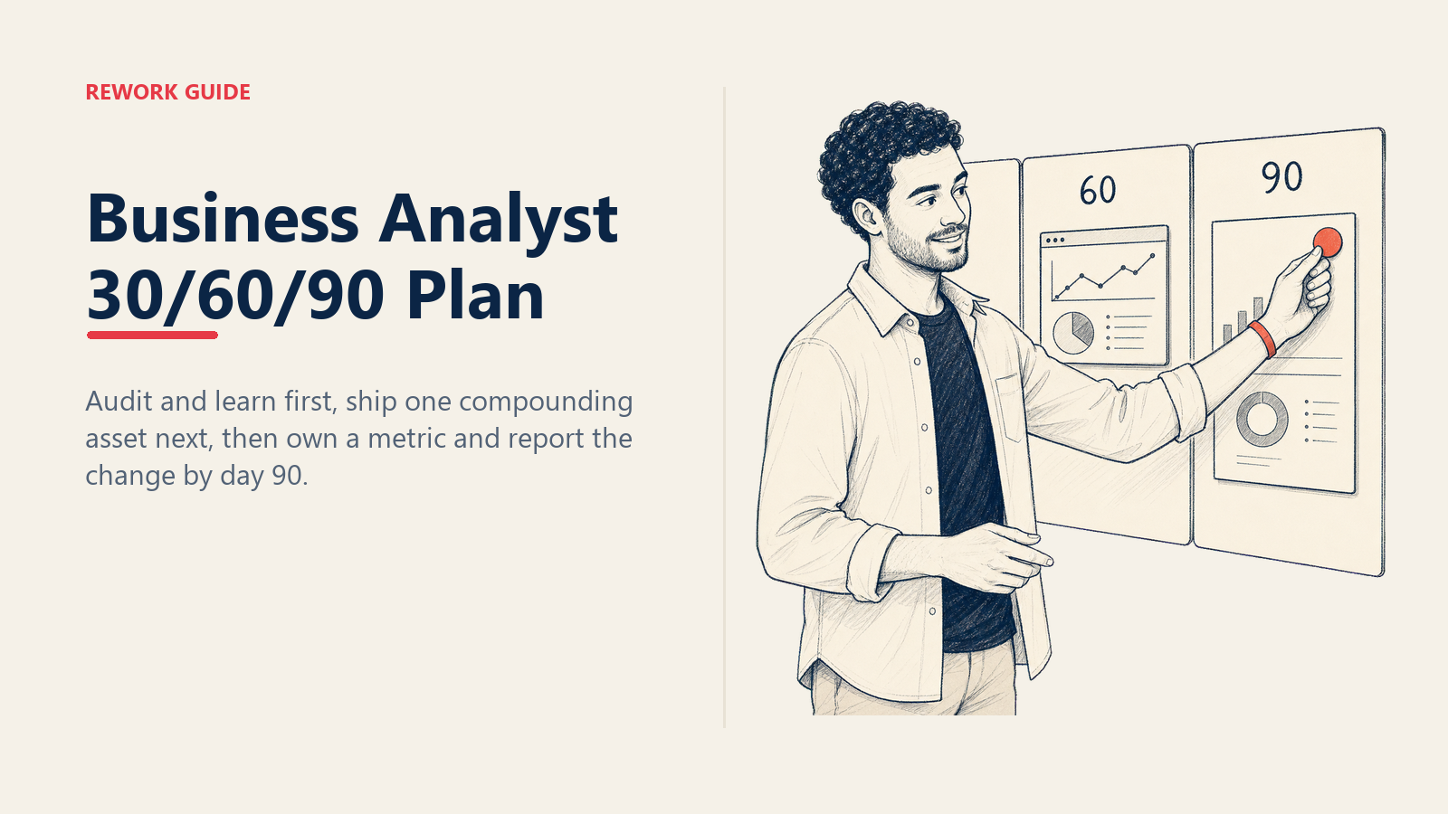 New business analyst moving through a 30, 60, and 90 day plan from audit to metric ownership