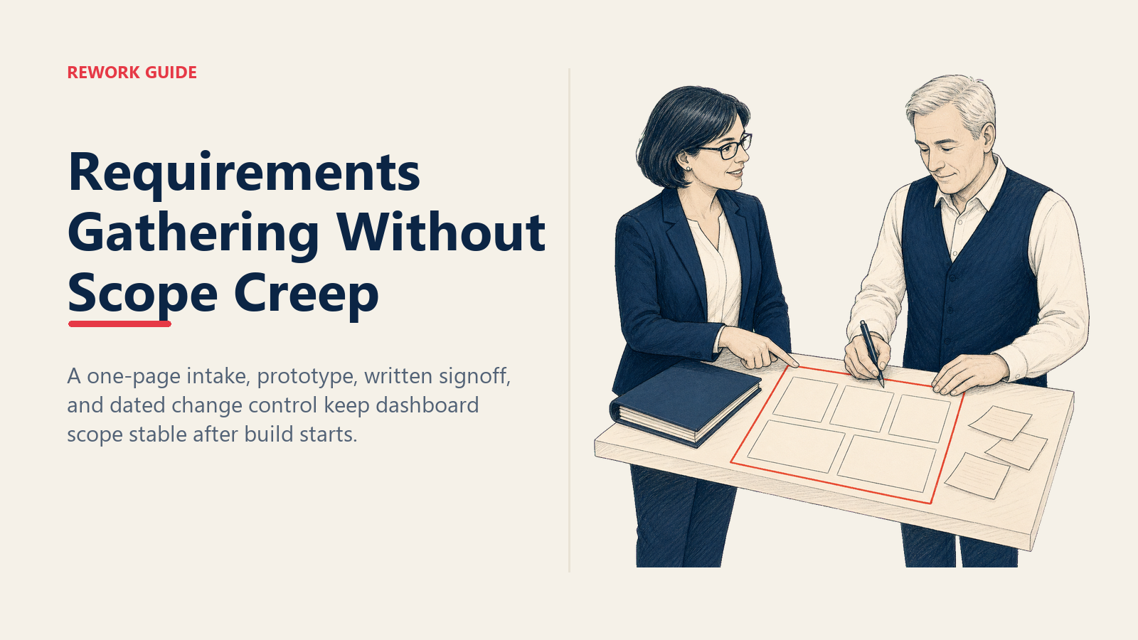Business analyst and manager signing a one-page requirements brief to prevent scope creep during dashboard build