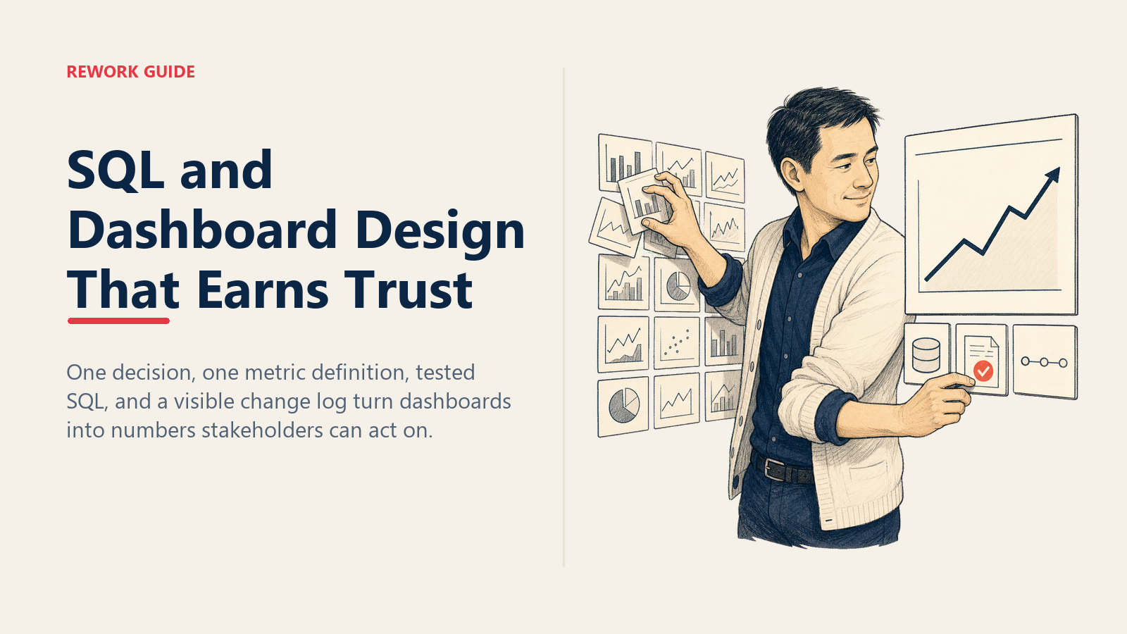 Business analyst simplifying a cluttered dashboard into one tested, sourced metric stakeholders can trust