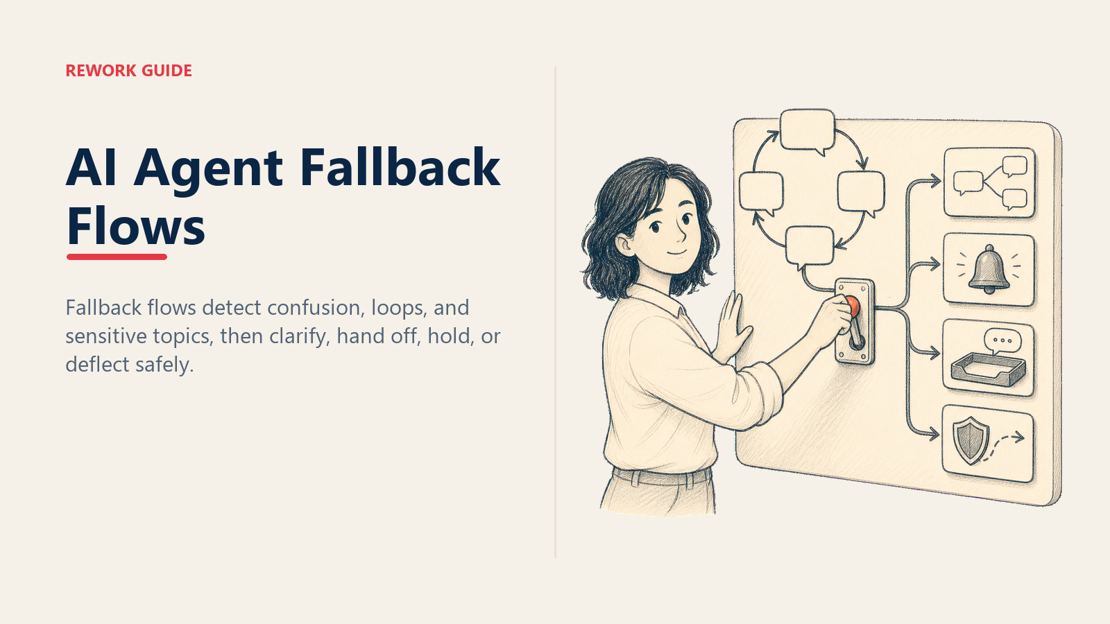 AI agent fallback flows illustrated as an operator redirecting a stuck chat loop into clarification, handoff, holding, and safe deflection paths