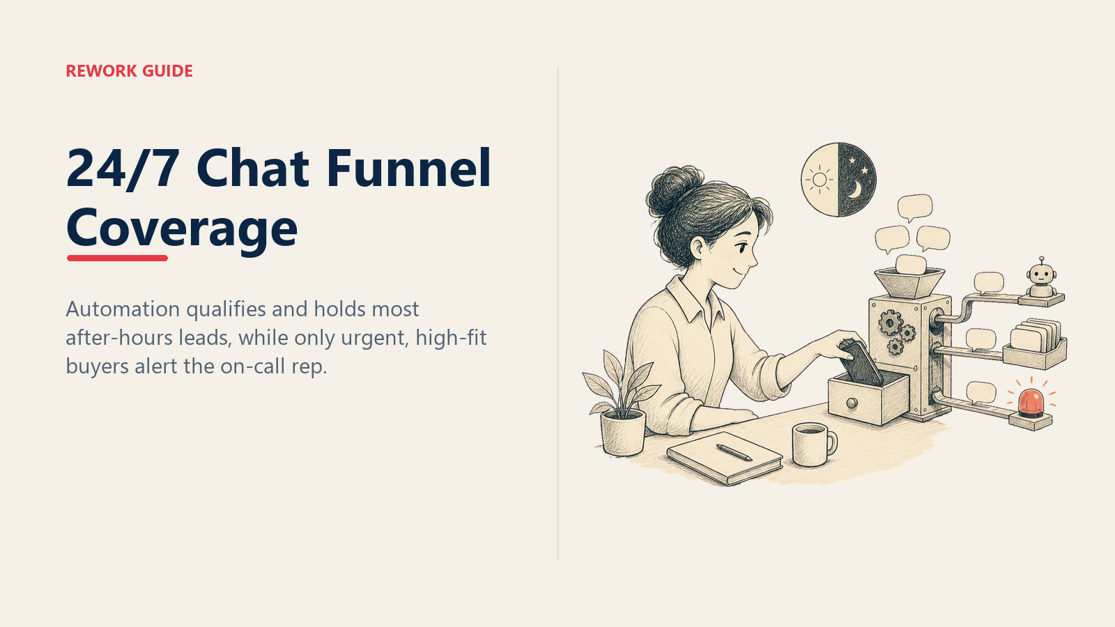 24/7 chat funnel coverage shown as a manager putting away a phone while automation sorts after-hours leads into routine, morning, and urgent queues