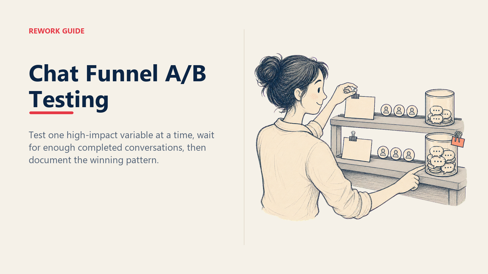 Chat funnel A/B testing illustrated as a growth analyst running two matched conversation lanes and comparing completed-conversation results