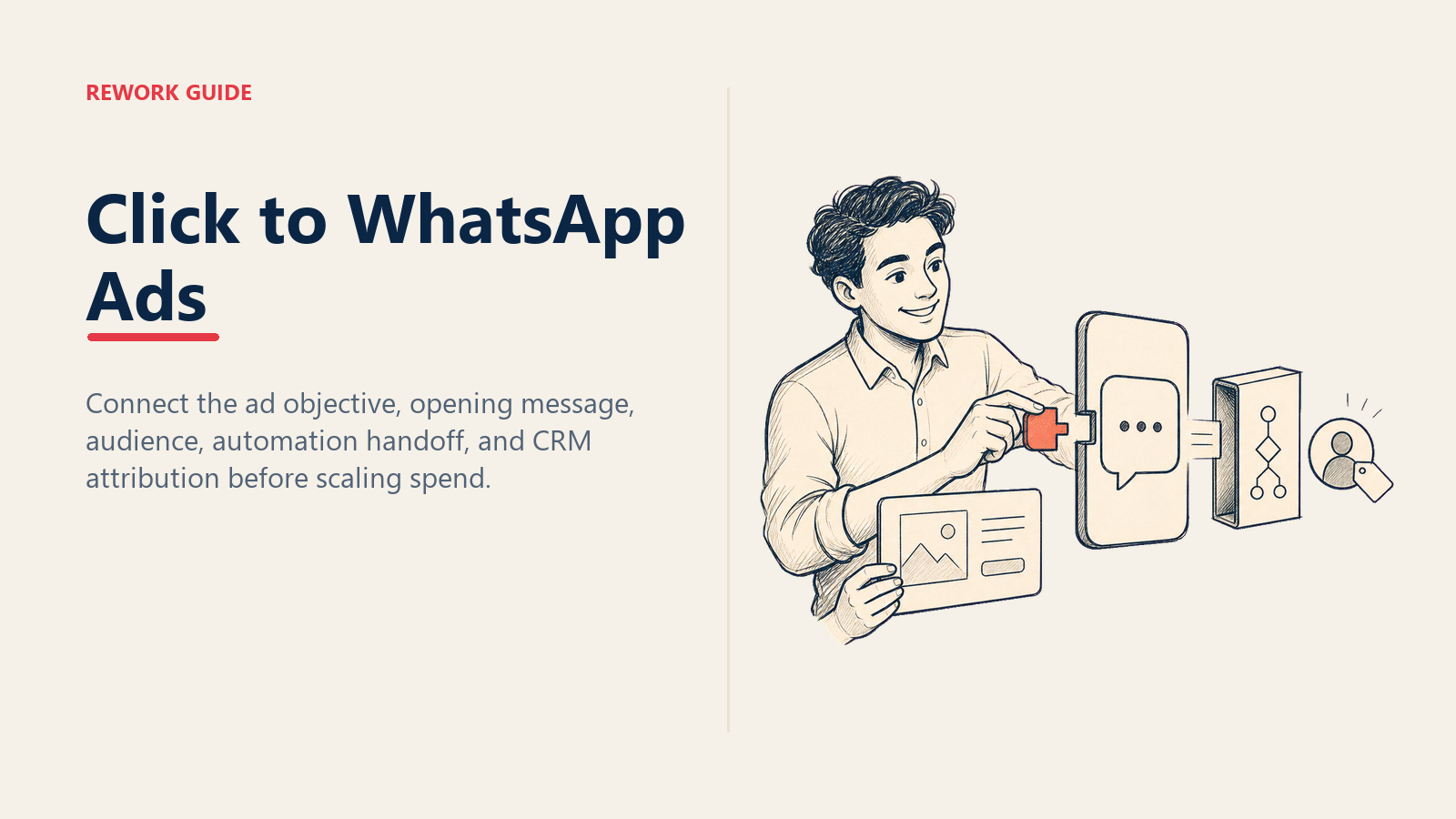 Click-to-WhatsApp campaign setup shown as a marketer connecting an ad promise to a live chat flow and an attributed qualified conversation
