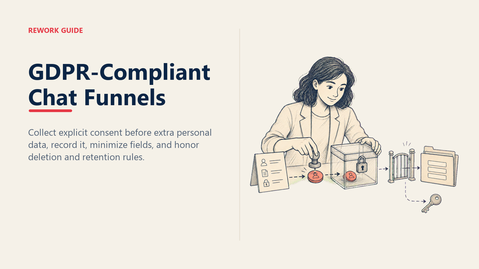 GDPR-compliant chat funnel shown as a privacy lead recording explicit consent before allowing minimal buyer data into a protected CRM folder