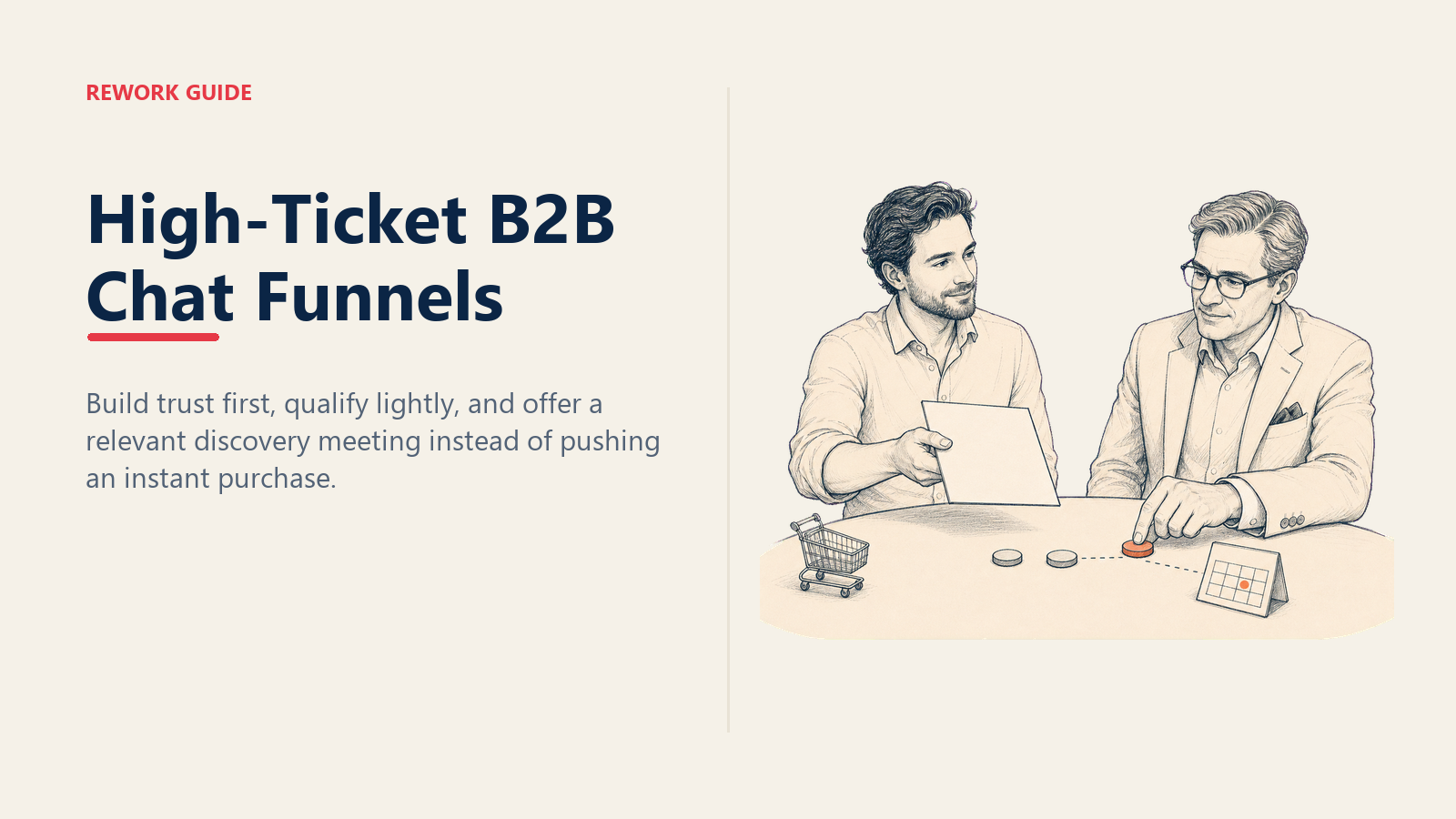 High-ticket B2B chat funnel illustrated as an advisor earning a senior buyer's move from a tailored insight brief to a discovery meeting