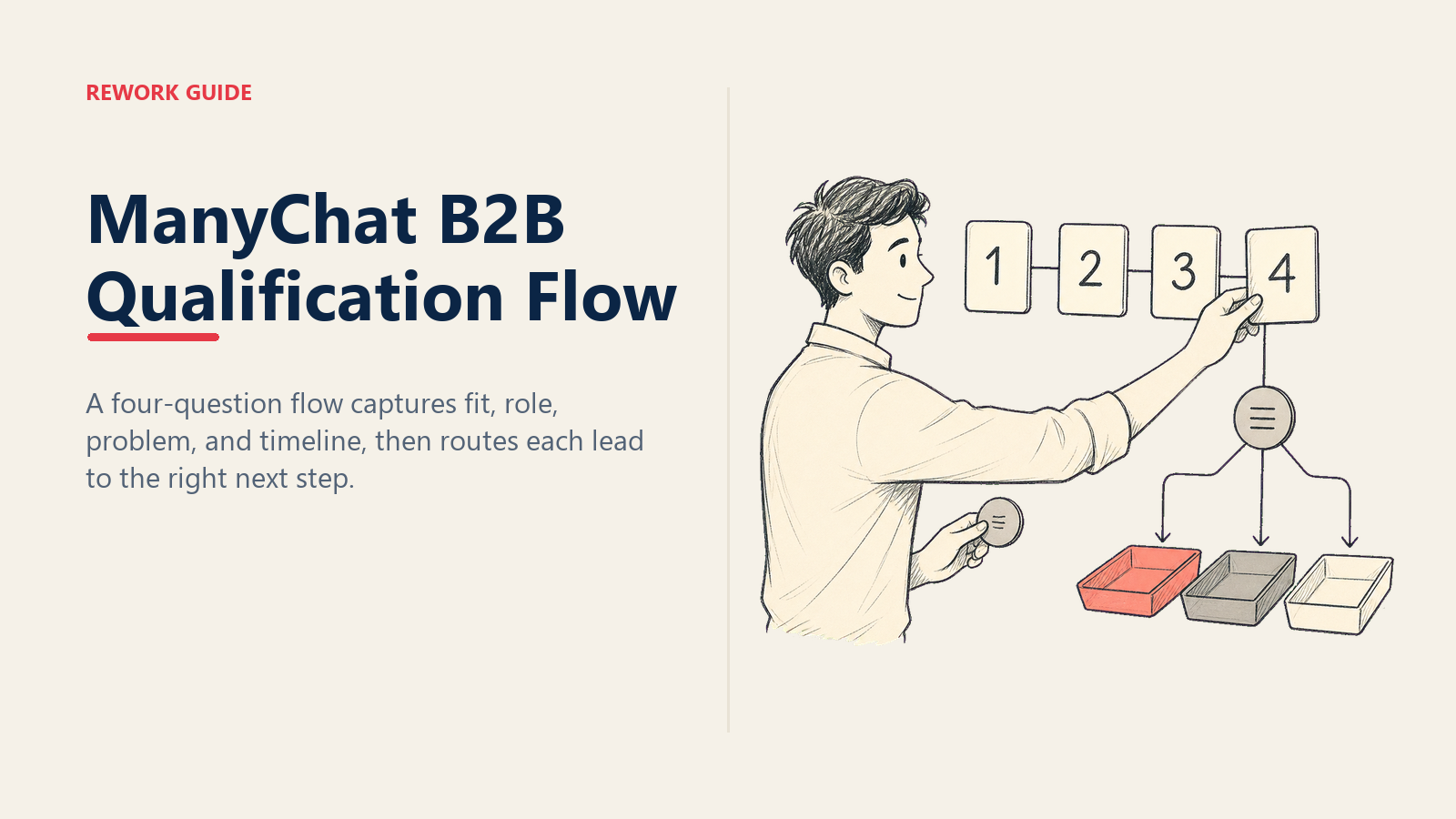 ManyChat B2B qualification flow illustrated as a builder completing four numbered questions that route leads into hot, warm, and resource paths