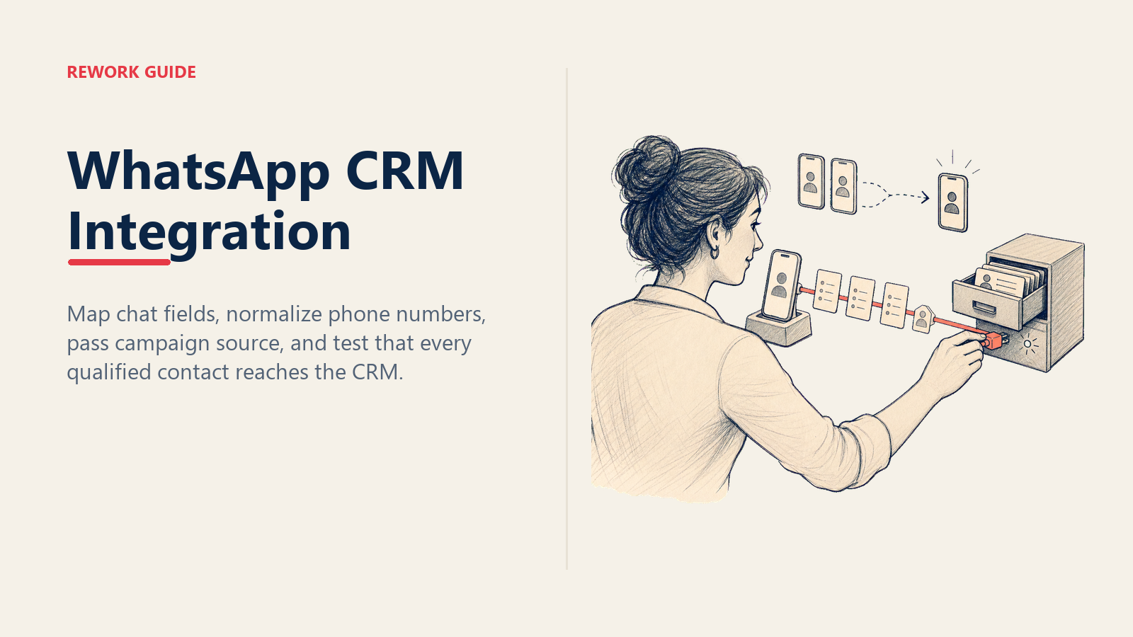 WhatsApp CRM integration illustrated as a RevOps manager connecting chat field packets to one deduplicated and attributed CRM contact record