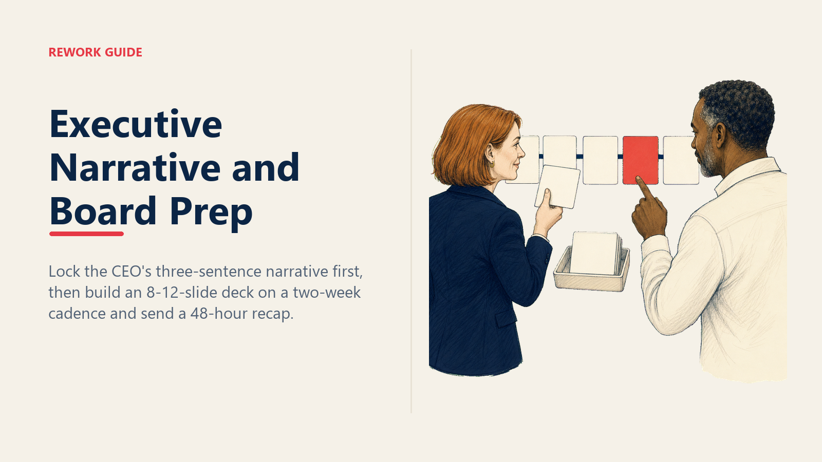 Chief of Staff and CEO narrowing board inputs into a concise executive narrative deck