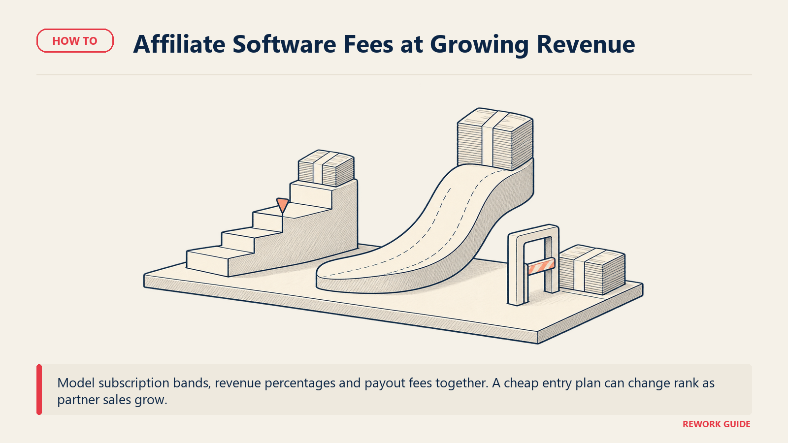 Different affiliate fee mechanisms showing subscription thresholds, revenue-linked fees and payout charges
