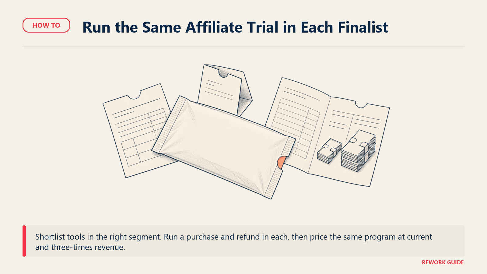 Reusable affiliate software test packet covering purchase, refund and growth-volume costs