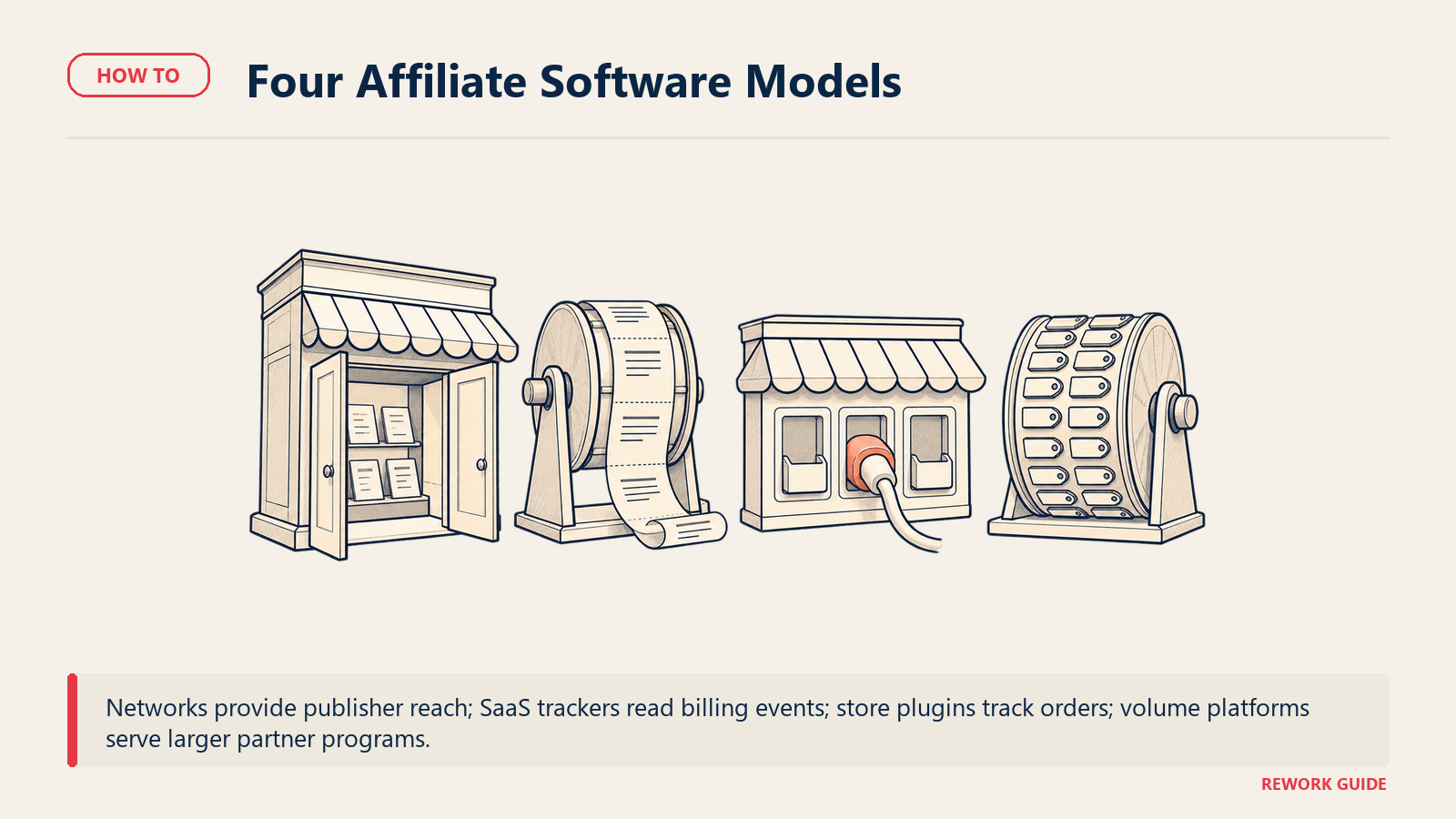 Four distinct mechanisms representing affiliate networks, SaaS trackers, store plugins and volume platforms