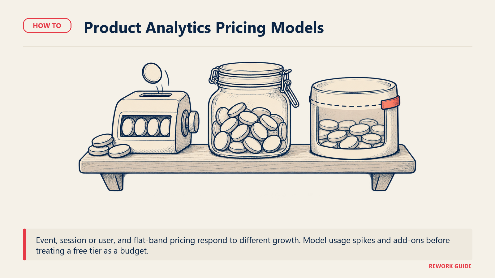 Product analytics pricing meters contrasting counted events, sessions or users, and a fixed usage band
