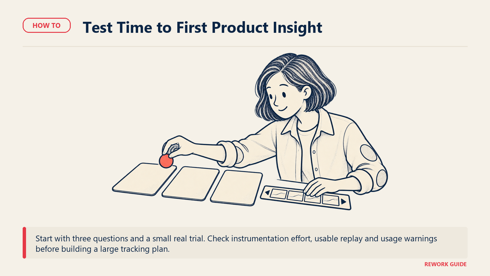 Startup engineer testing one captured product event against three evaluation questions and a replay strip