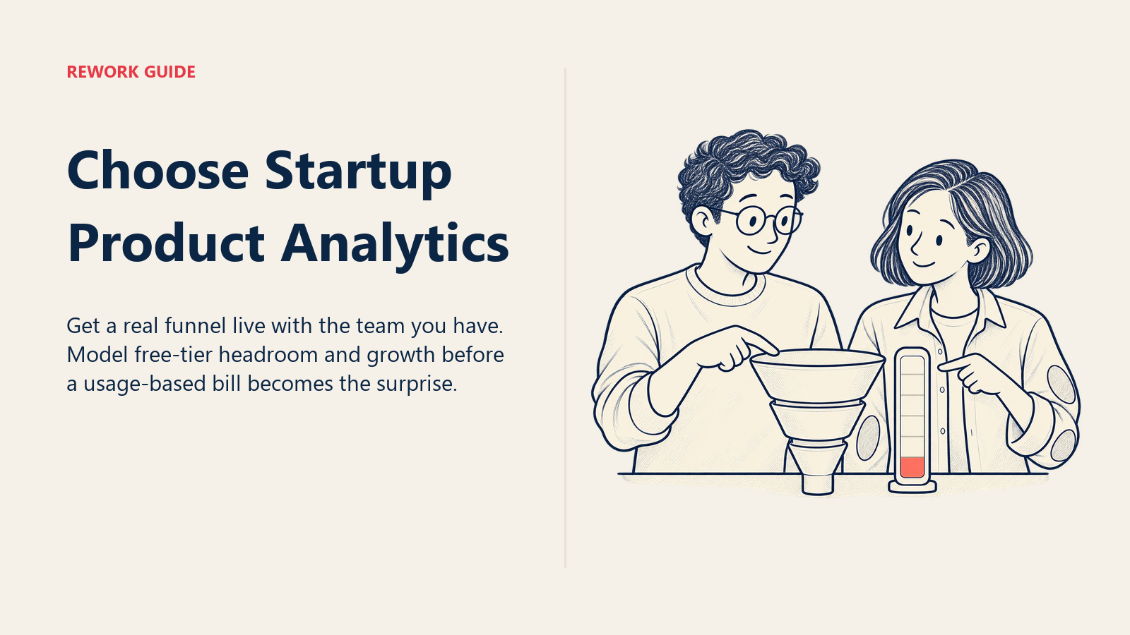 Two-person startup team checking an activation funnel beside a product-analytics free-tier usage meter
