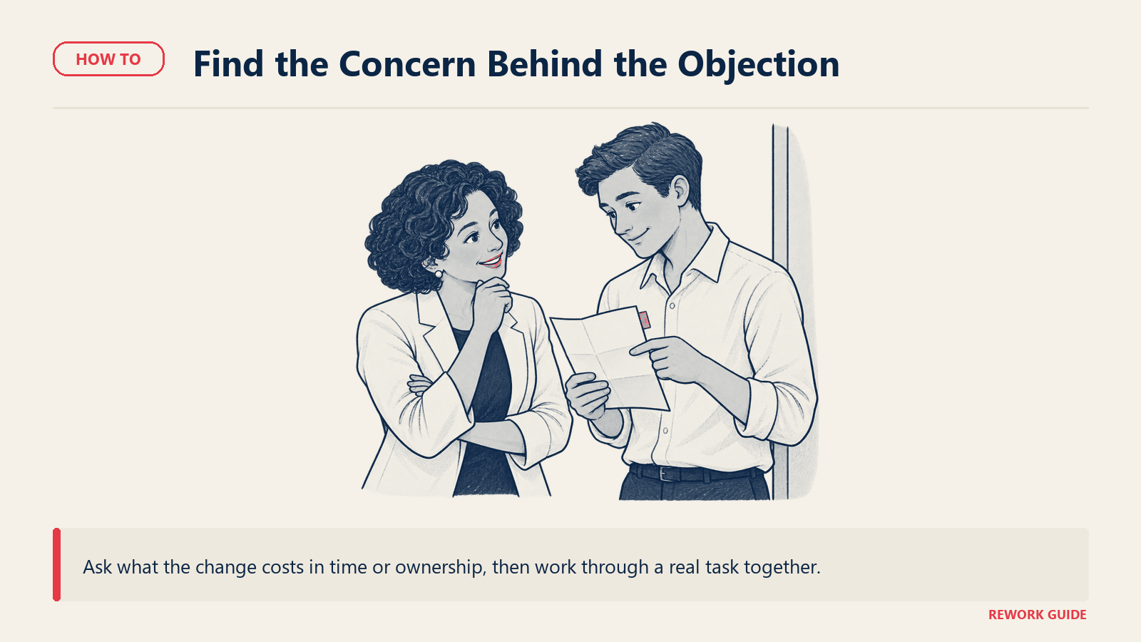 Two colleagues examining a task sheet to understand an adoption objection