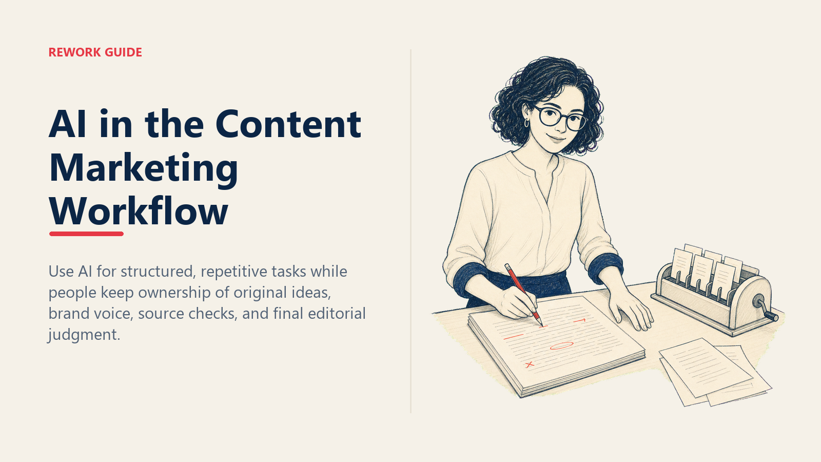 Content marketer editing an original draft while a compact AI task sorter organizes repetitive content work