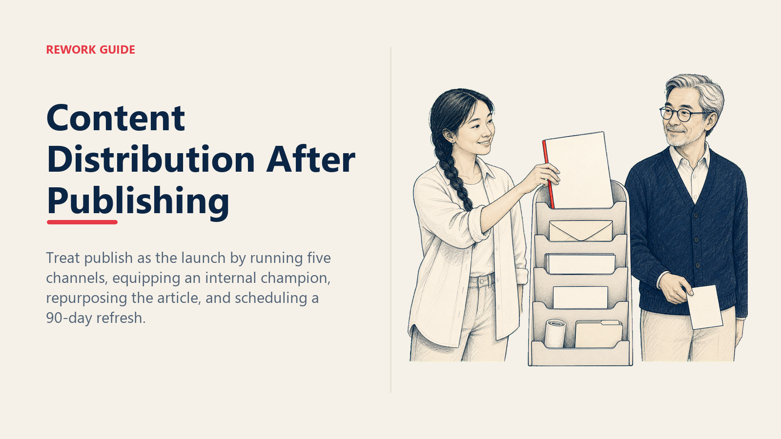 Content marketer launching one article through a five-channel dispatch rack beside an internal champion