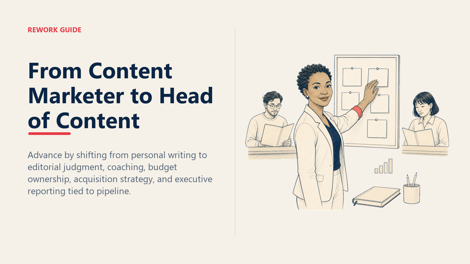 Aspiring Head of Content setting the editorial priority while two writers work from delegated briefs
