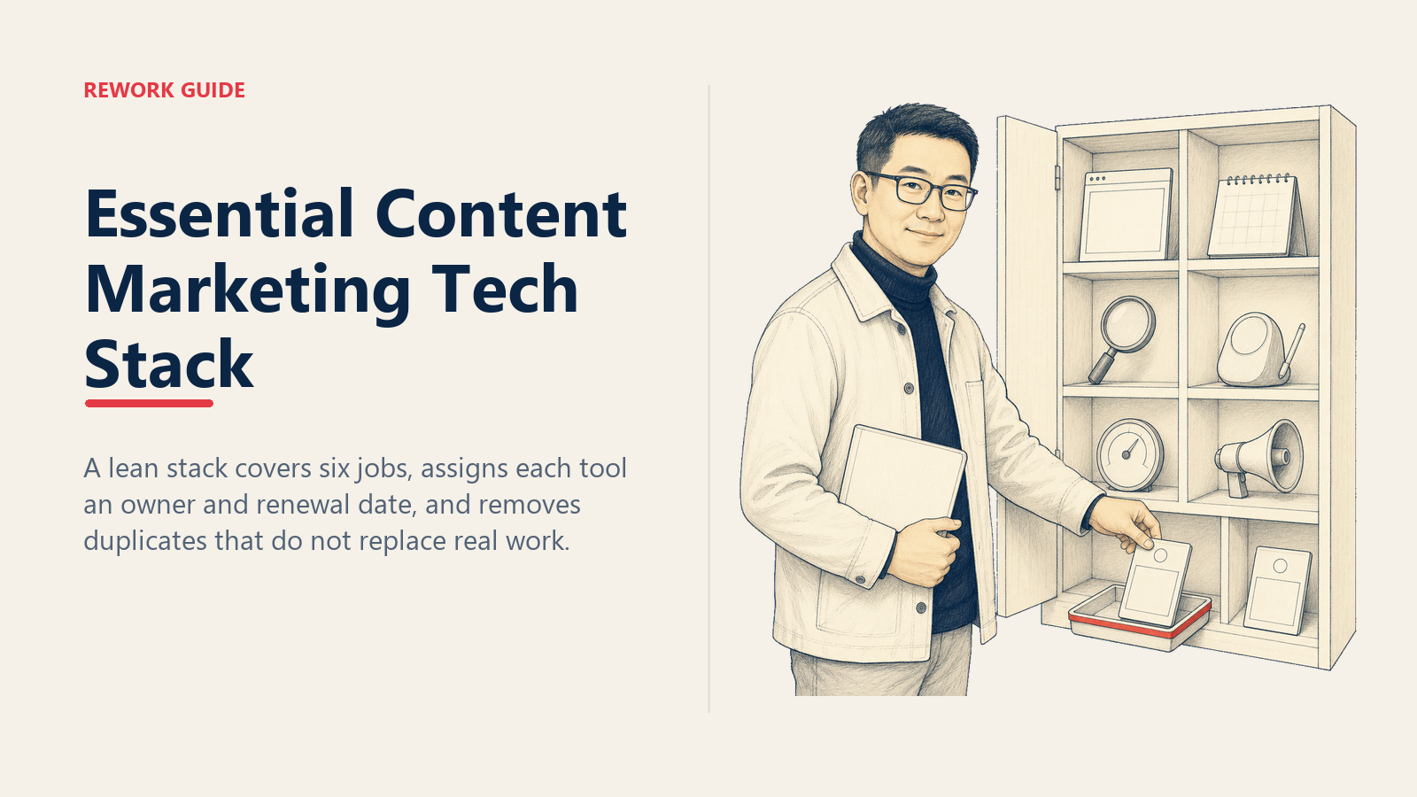 Content operations manager removing a duplicate tool from a lean six-category content marketing stack