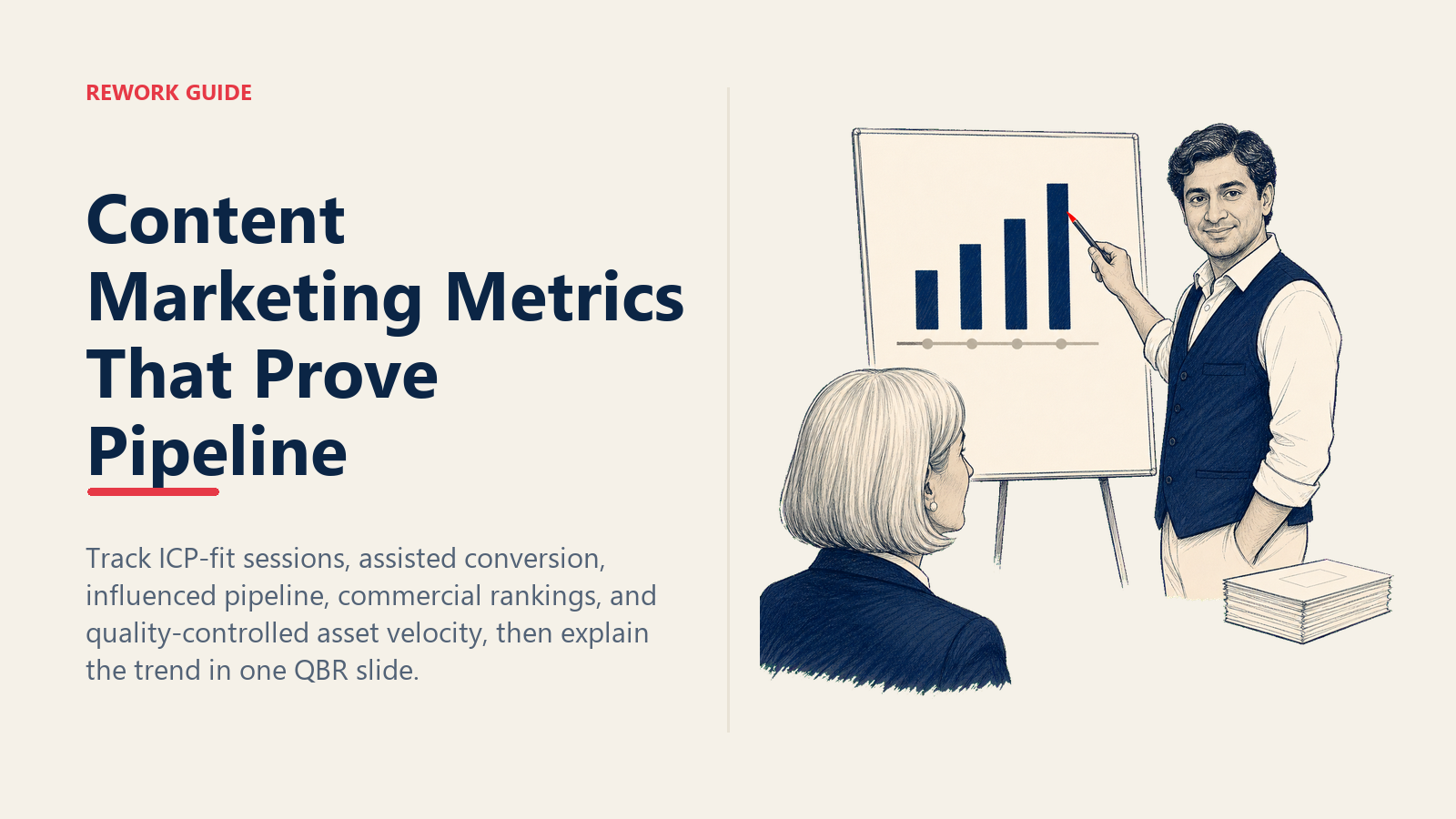 Content lead showing a CFO one QBR chart that connects content metrics to rising pipeline on flat spend