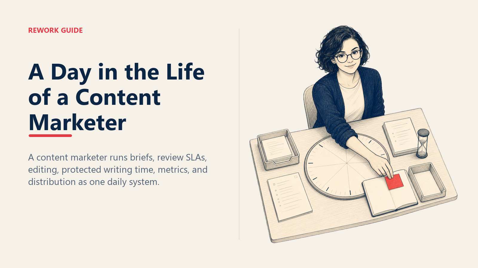 Content marketer placing a protected writing block into a day wheel beside brief, review, metrics, and distribution artifacts