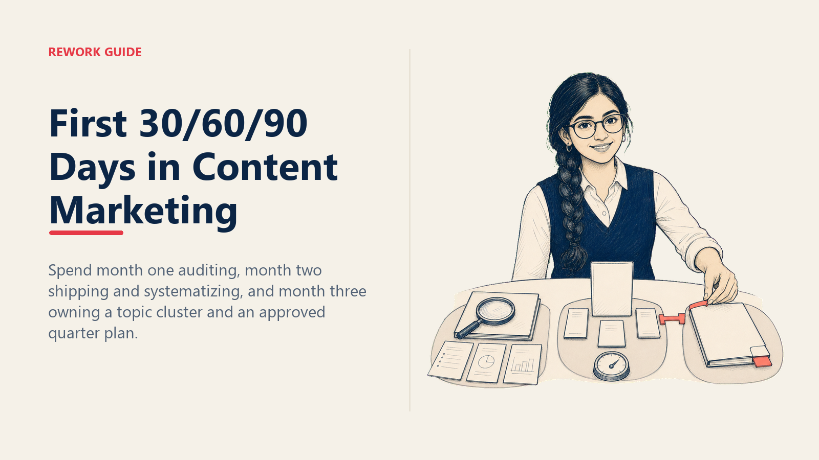 New content marketer connecting audit, brief, and topic-cluster workstations across a three-stage 90-day plan