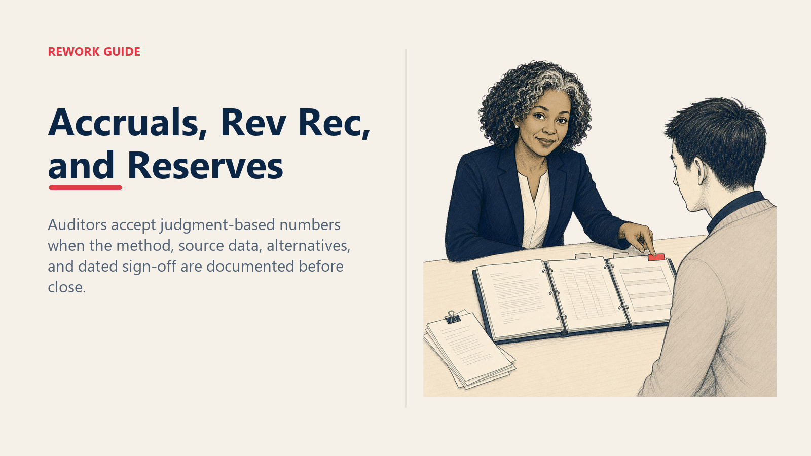 Controller presenting a three-tab audit evidence binder for accruals, revenue recognition, and reserves to an auditor